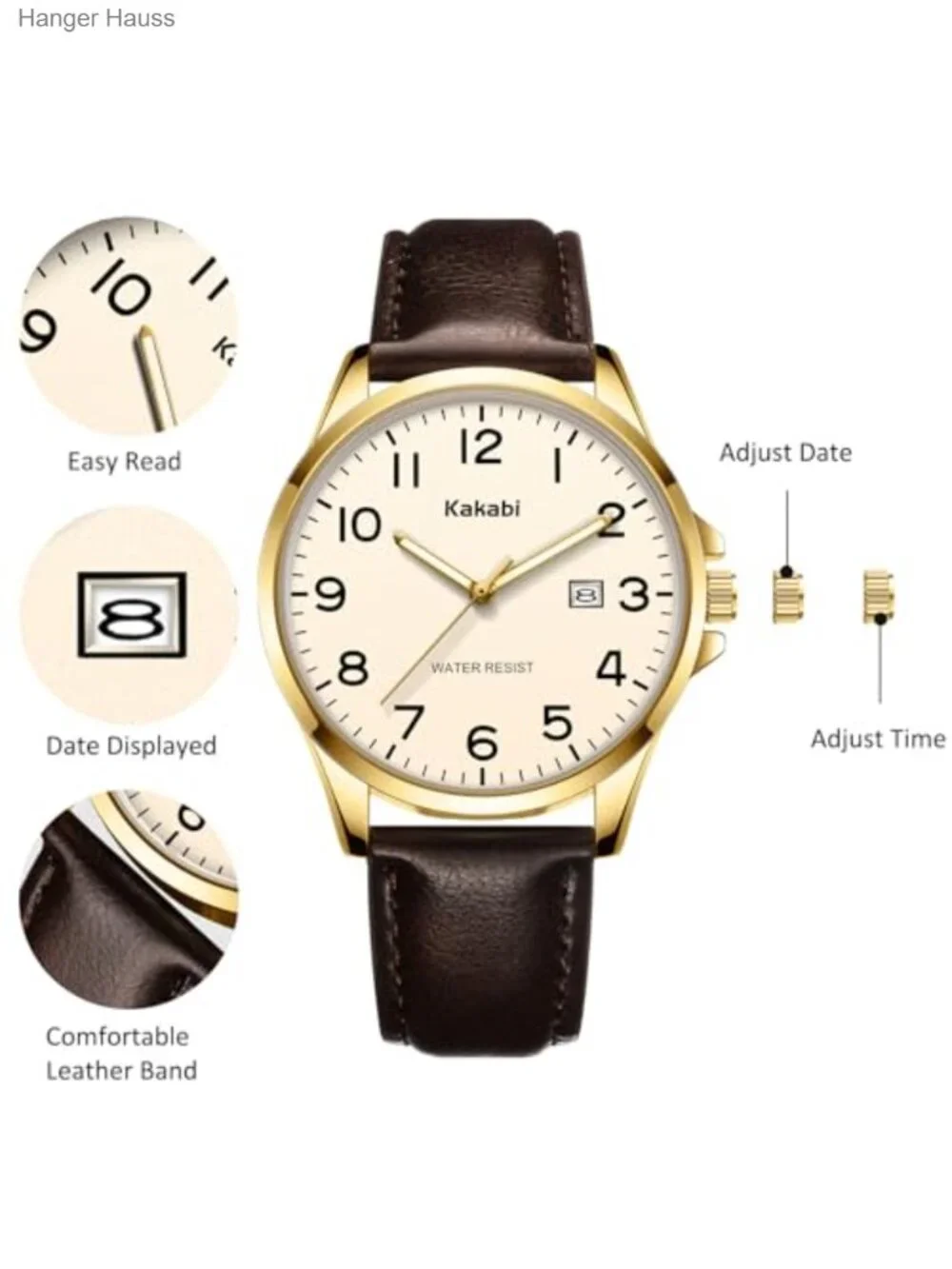 Men's Minimalist Analog Watch with Date, Faux Leather Strap, Quartz Movement,